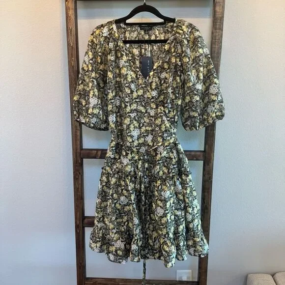 NWT Current Air M Gray Floral Wrap Dress Ruffle Mini V-Neck Puff Sleeve Cottage - Picture 5 of 9